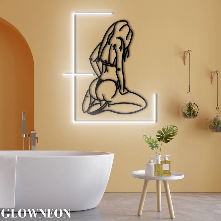 Decoración de pared de neón para mujer, arte de una línea, dibujo corporal de mujer para venta al por mayor de Glow Neon