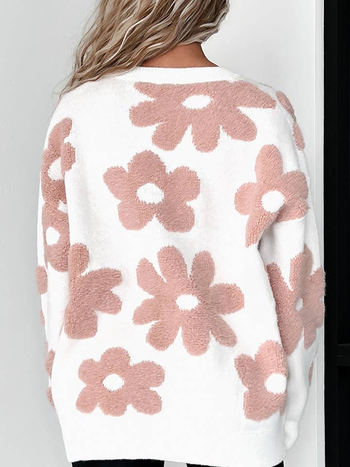 White Textured Flower Drop Shoulder Loose Sweater for wholesale on Faire1