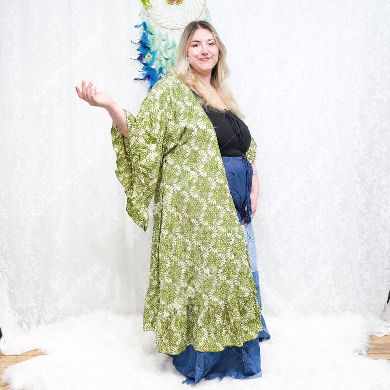 Karma Nepal Crafts – Engroshandel Kimono - Dame – Lang, flydende boheme kimono med volanter og lommer11