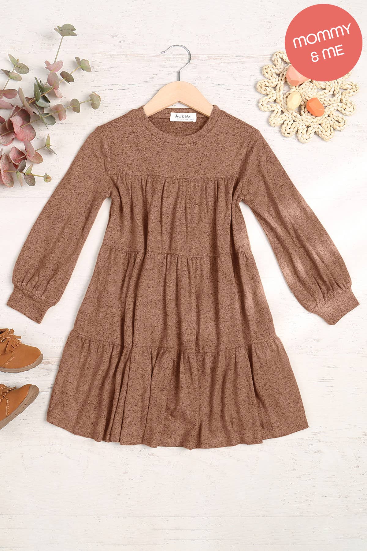 You & Me - Wholesale Dress - Kids - YMD10064TKV-KIDS PUFF LONG SLEEVE TIERED HACCI BRUSHED DRESS1