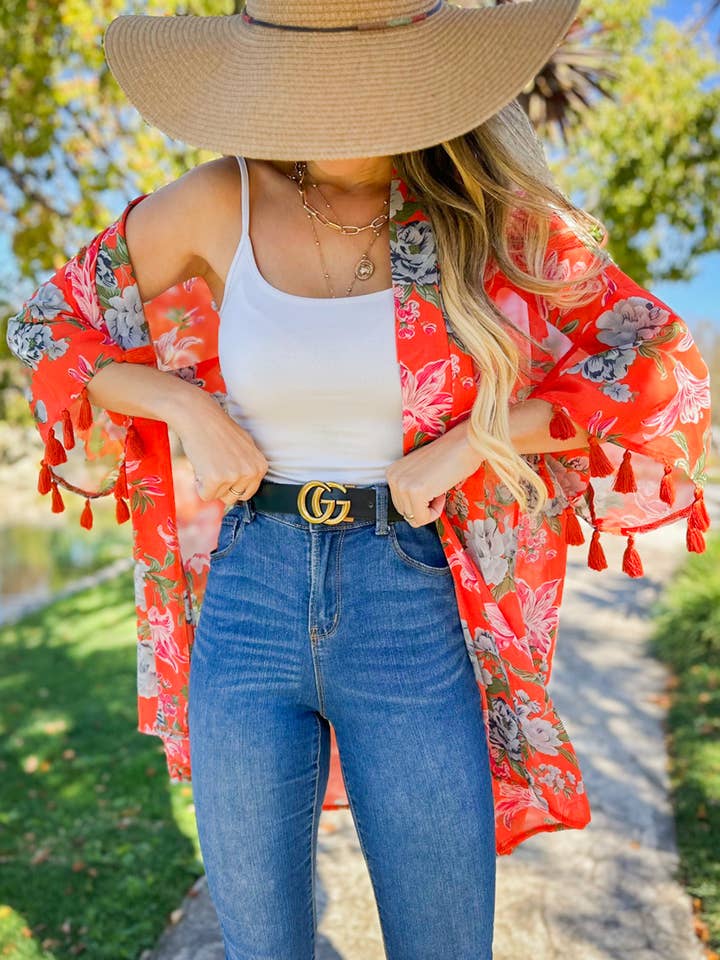 Coral Floral Print 3/4 Sleeve With Tassel Chiffon Kimono for wholesale on Faire