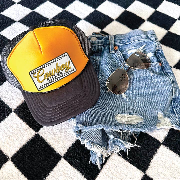 Cowboy Killer DTF Printed Gold and Black Trucker Hat for wholesale by Southern Attitude Designs Inc