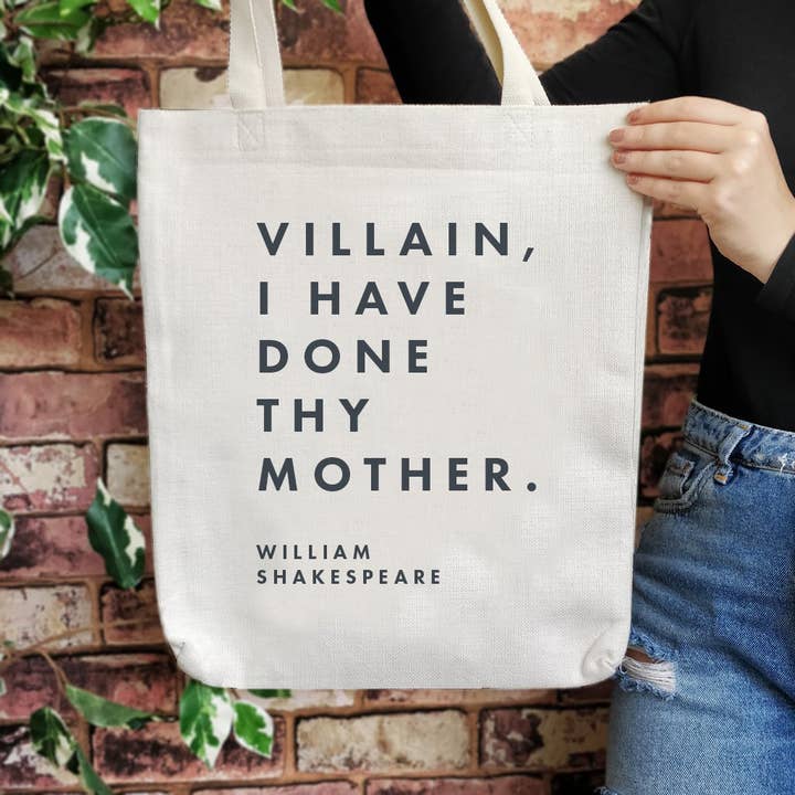 Shakespeare Insult 'Villain, I Have Done...' Large Tote Bag for wholesale by Bookishly (No US Import Fees)