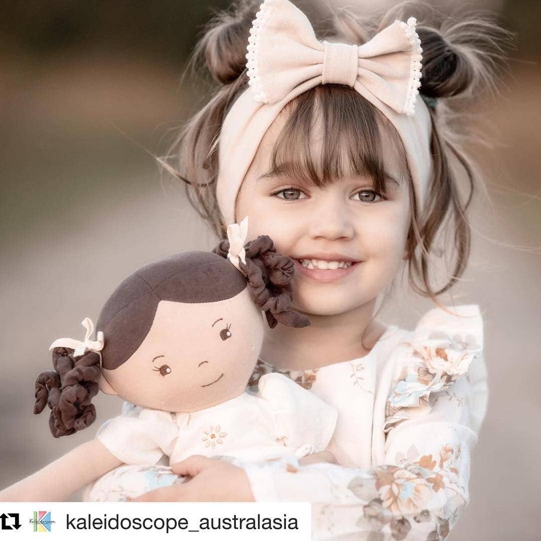 Tikiri Toys LLC - Wholesale Doll - Kids - Cecilia Dk. Brown Hair in Cream Linen Dress with Display Box5