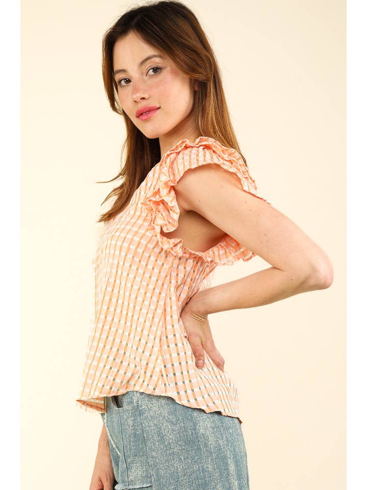 MANGO NT11480-Layer Ruffle Sleeve Plaid Flannel Woven Top for wholesale on Faire