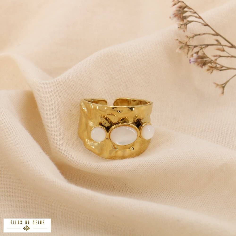 Lilas de Seine - Wholesale Multi-Stone Ring - Adjustable hammered steel ring with mother-of-pearl stone cabochons 04250361
