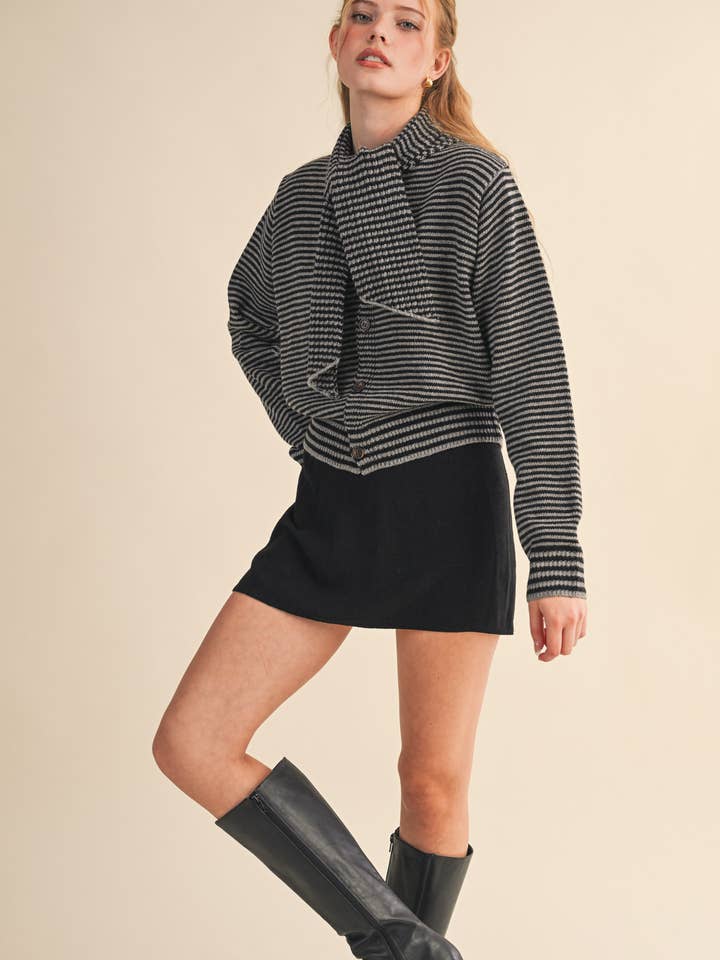 &MERCI - Wholesale Knit Sweater - Women's - STRIPED TYING NECK SWEATER CARDIGAN MSW1112541