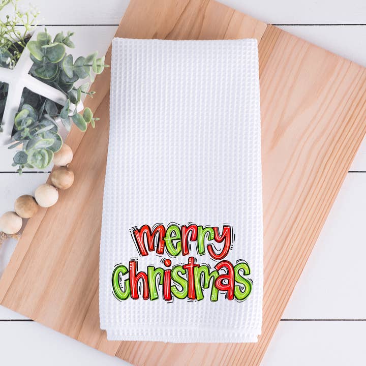 Merry Christmas Doodle Kitchen Dish Towel for wholesale by Painted Skies