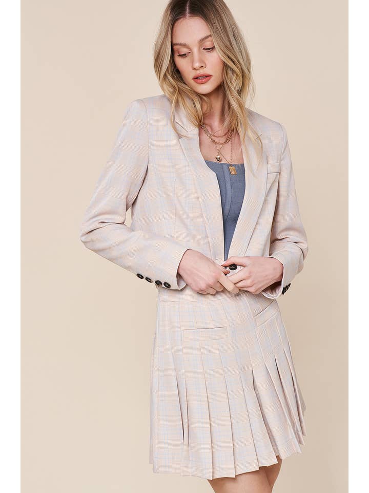 Listicle - Wholesale Top & Short Set (NOT Loungewear) - Women's - Plaid Cropped Blazer & Pleated Skort Set LSET12526