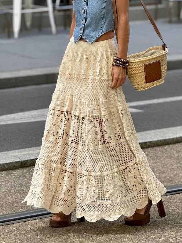 Rosa Clothing - Wholesale Skirt - Women's - Bohemia Lace Cut-Out Knitted Skirt