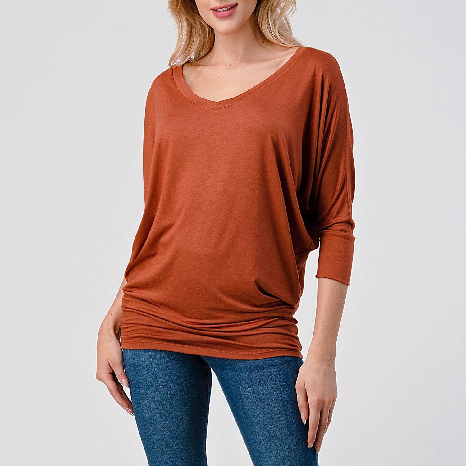 Heimious - Wholesale Knit Top - Women's - 3/4 Dolman Sleeve V-neck Modal Jersey Top, 257362