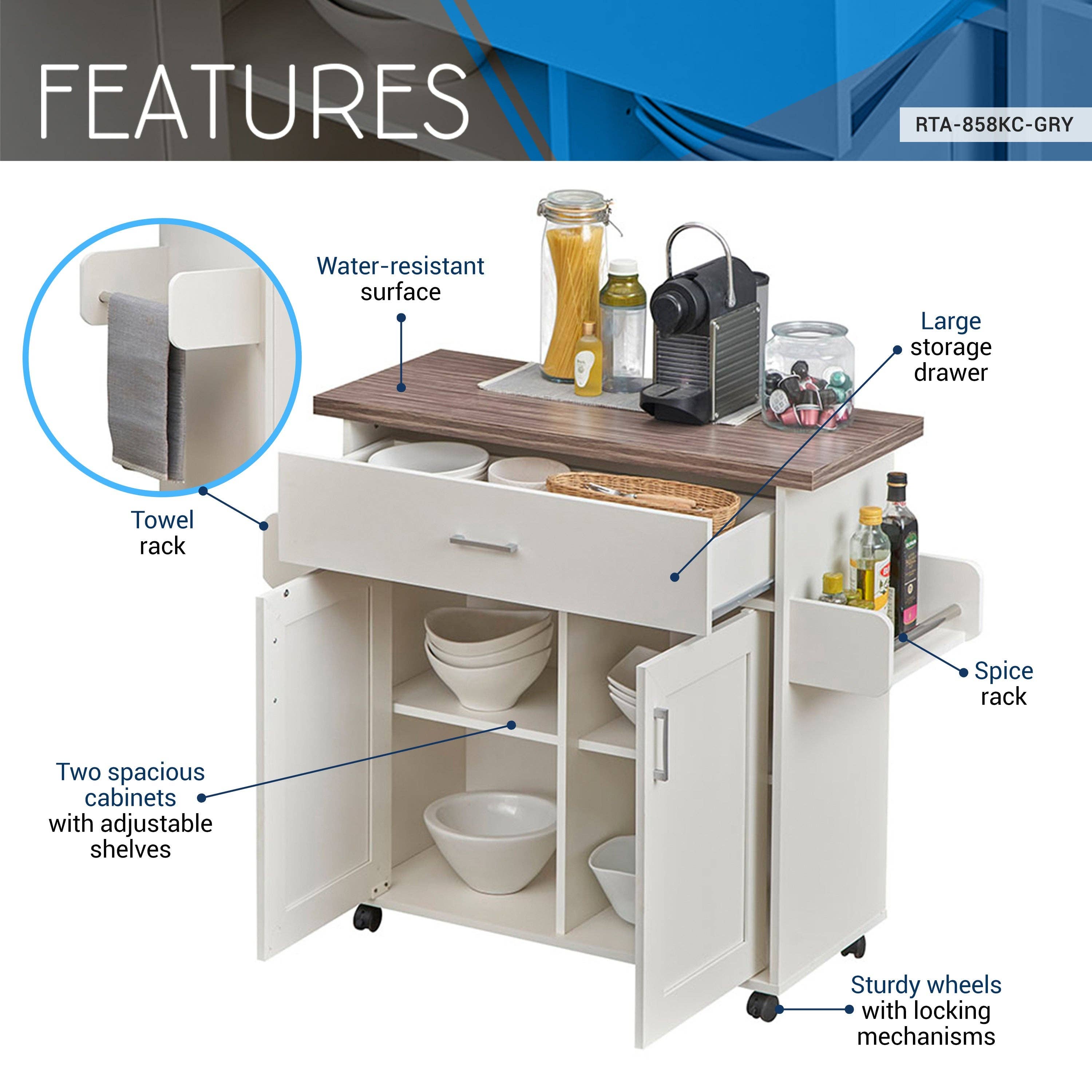 RTA Products LLC - Wholesale Kitchen Storage/Organizer - Deluxe Kitchen Island Cart with Storage & Spice Rack2