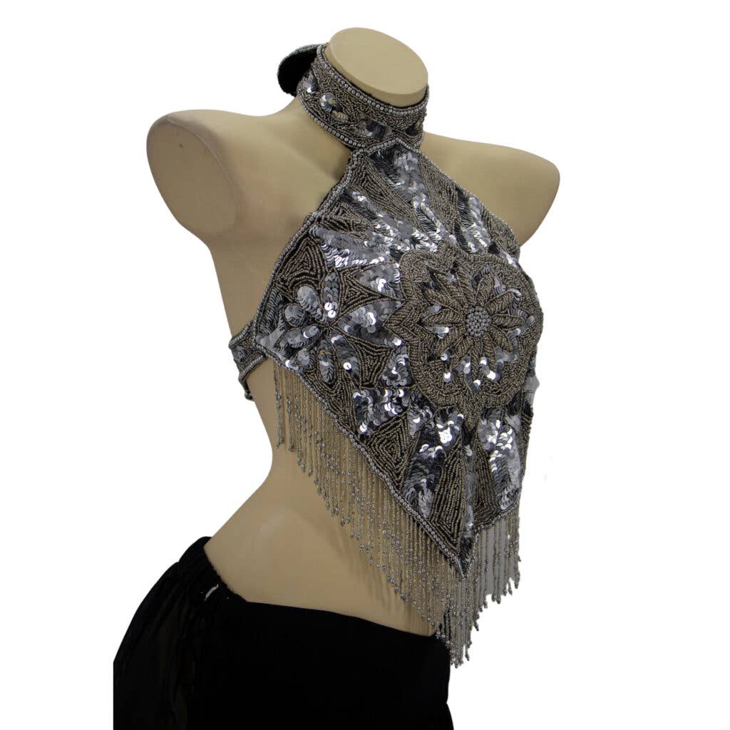 Western Fashion – wholesale Blus - Dam – Pärlad halterneck-topp med medaljongmönster7