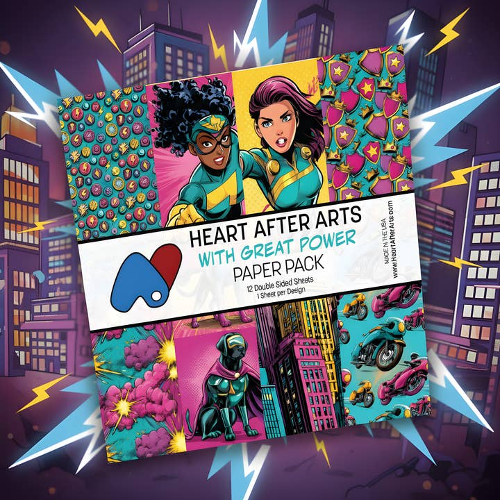 With Great Power Female Superhero Scrapbooking Paper Pack for wholesale by Heart After Arts