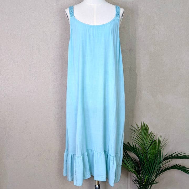 Mid length viscose summer dress with subtle metallic and woven straps with frill hem (M) for wholesale by Tempest Designs