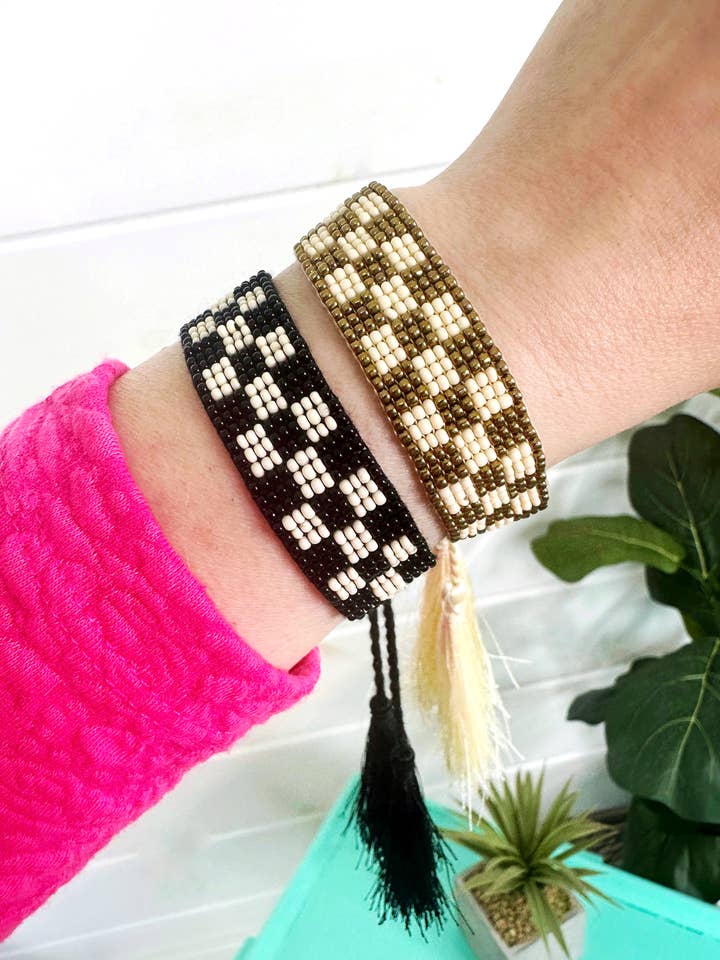 Bracelet with Tassels | Checkered Seed Bead Bracelets for wholesale by Folklore Couture