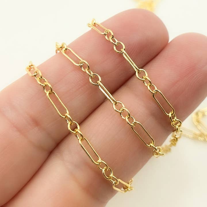 193GF. Corrente de Ouro 14K Revestido com 1 Elo Longo e 3 Elos Curtos por atacado de Jewels & Chains