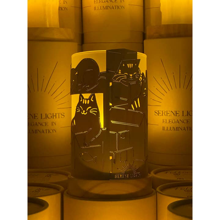 Serene Lights - Wholesale Flameless Candle - Cats & Boxes, Decorative Candle Holder – Laser Etched, Handmade Wood Veneer, Rechargeable LED Candle
4