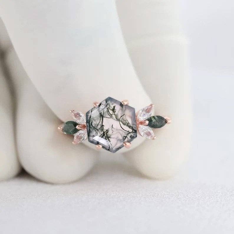 GEMPARA - Wholesale Cocktail/Statement Ring - 14/18k Gold Moss Agate hexagon ring4