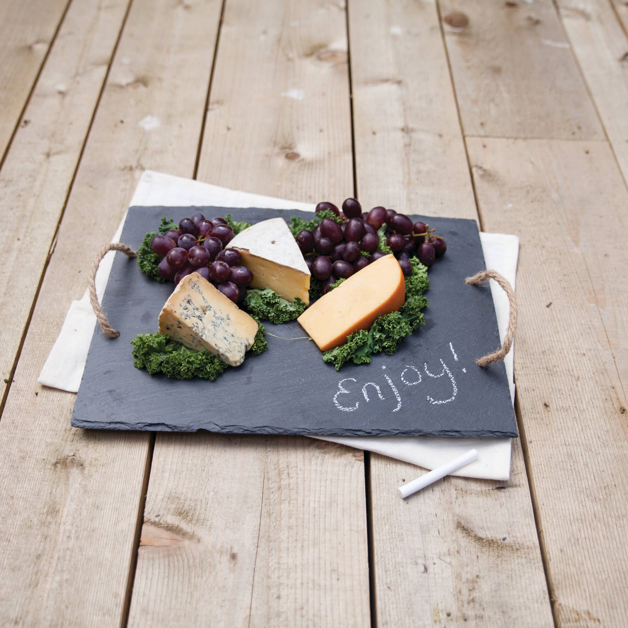 Twine - Wholesale Cheese Board - 15.5 inch Slate Cheese Board w Hemp Handles Includes Chalk3