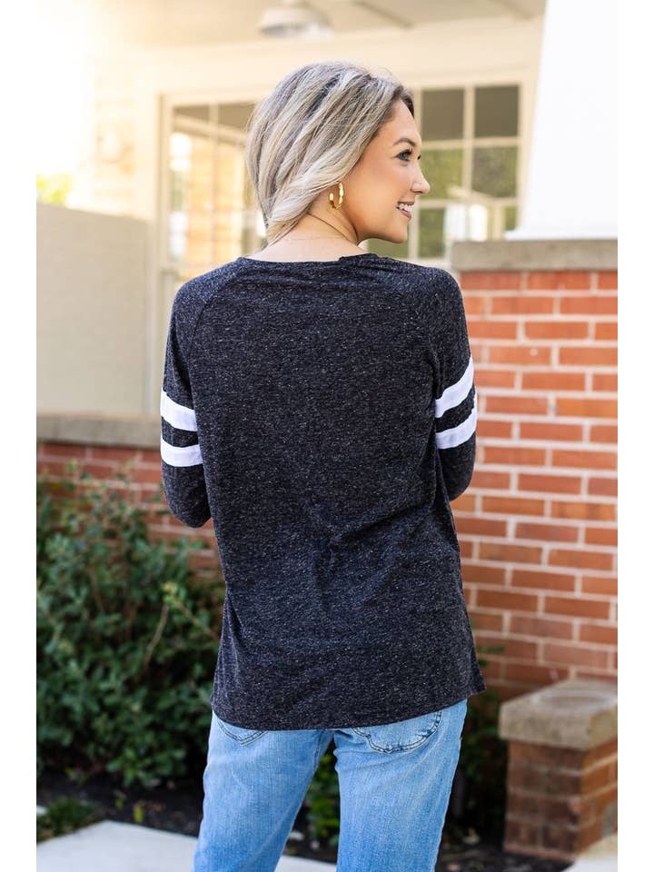 Blank Black Longsleeve with Varsity Stripes for wholesale on Faire2