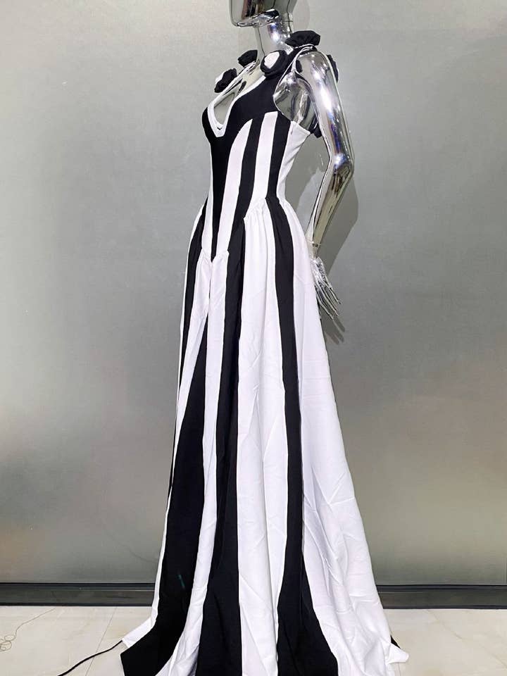 DR411 Deep V Black & White Striped Dress with Floral Accents for wholesale on Faire3