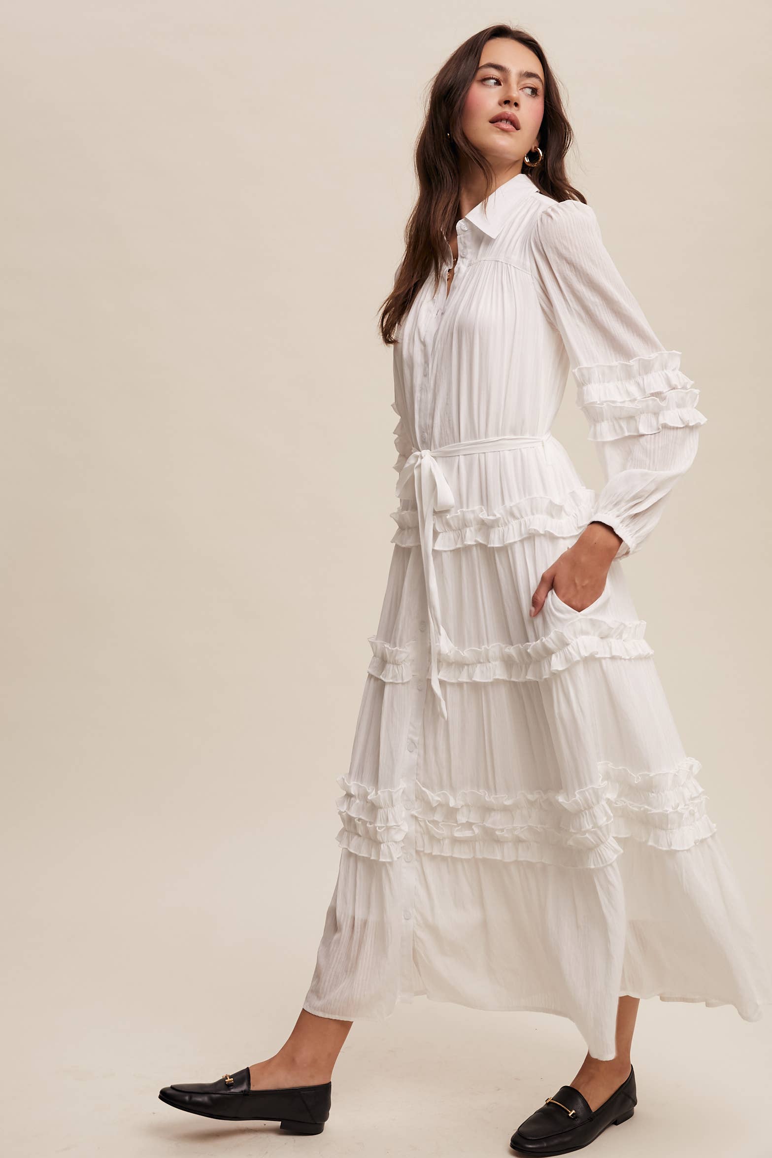 Listicle - Wholesale Dress - Women's - Ruffled Belted Maxi Shirt Dress LD14965