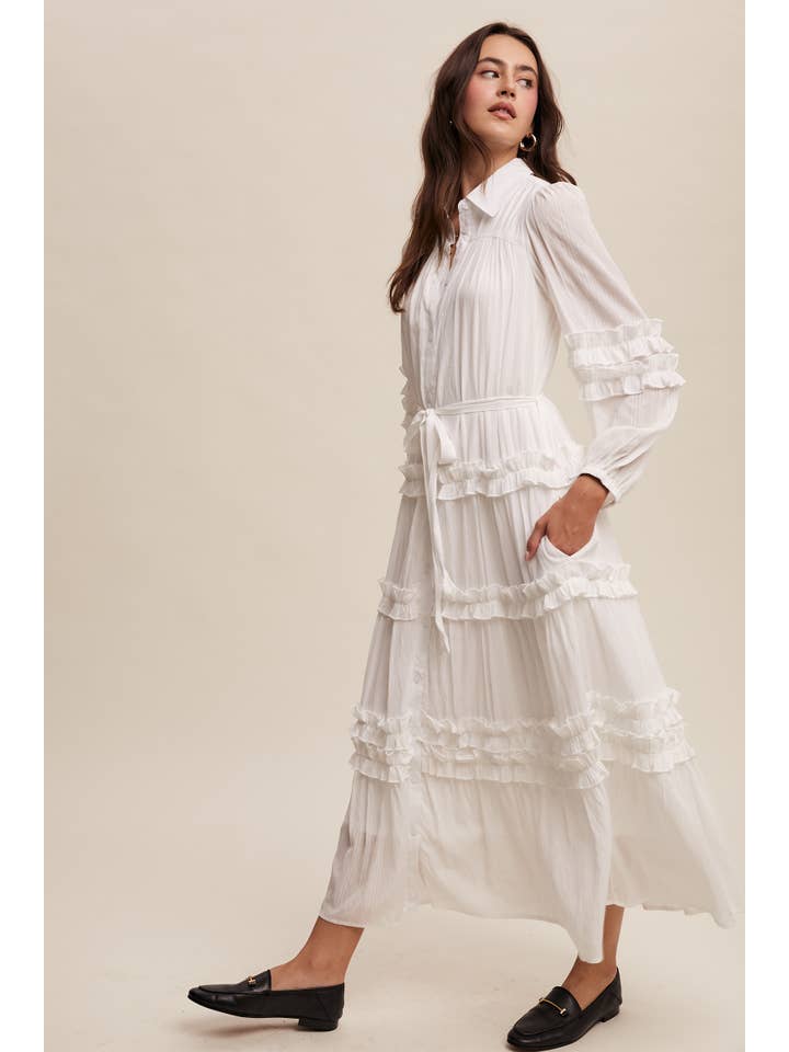 Listicle - Wholesale Dress - Women's - Ruffled Belted Maxi Shirt Dress LD14965