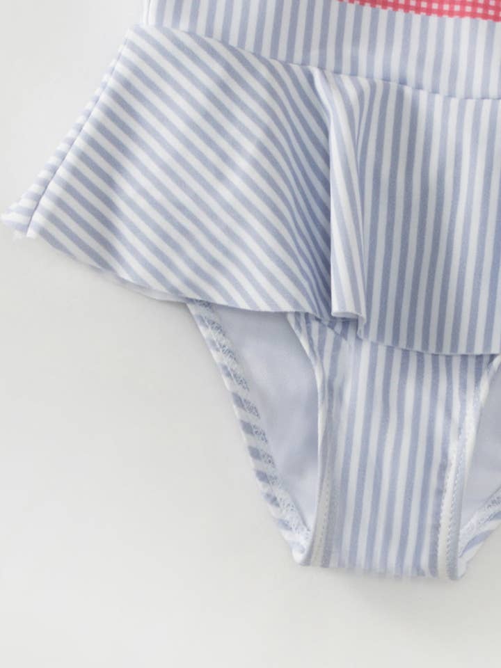 littleoneusa - Wholesale One Piece Swimsuit - Kids - Blue Stripe Strawberry Ruffle Girl One Piece Swimsuit
