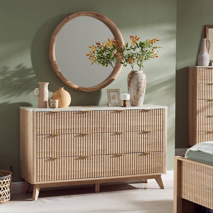ShipItFurniture - Wholesale Cabinet - Natural Oak 6-Drawer Dresser with Marble Top