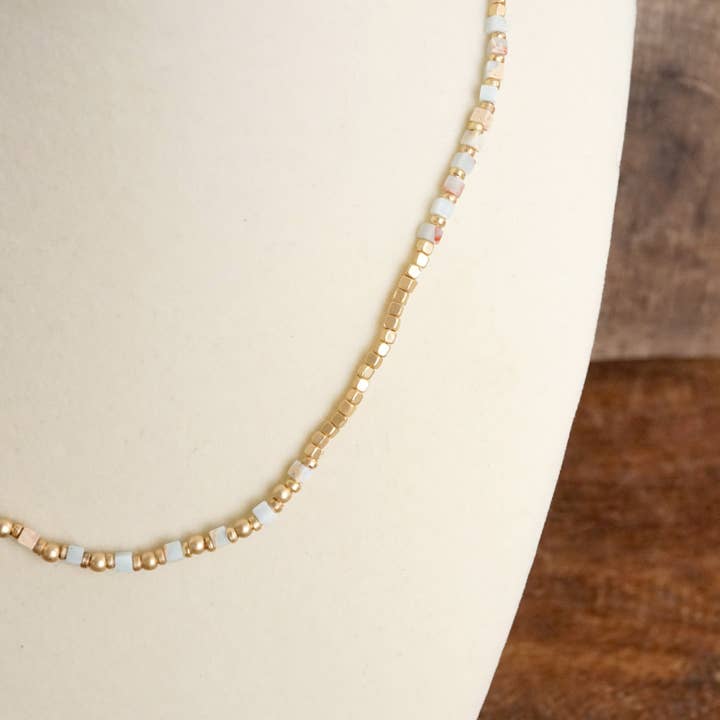 PennyLine inc - Wholesale Beaded/Pearl Necklace - Dainty Classic Beaded Necklace – Matte Gold and Semi-Precious Stones