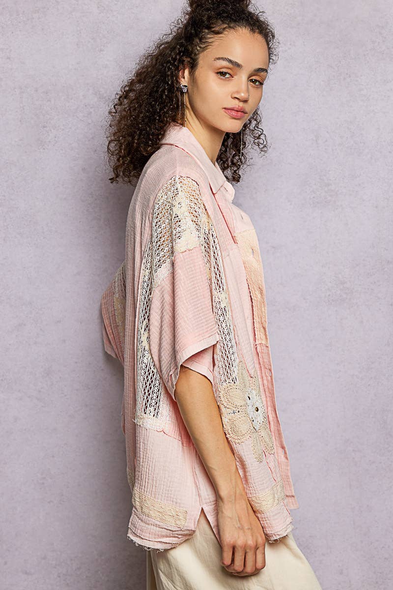 Pol Clothing - Wholesale Button Down Shirt - Women's - Collared Studded Button-down Short Sleeve Knit Shirt Top16