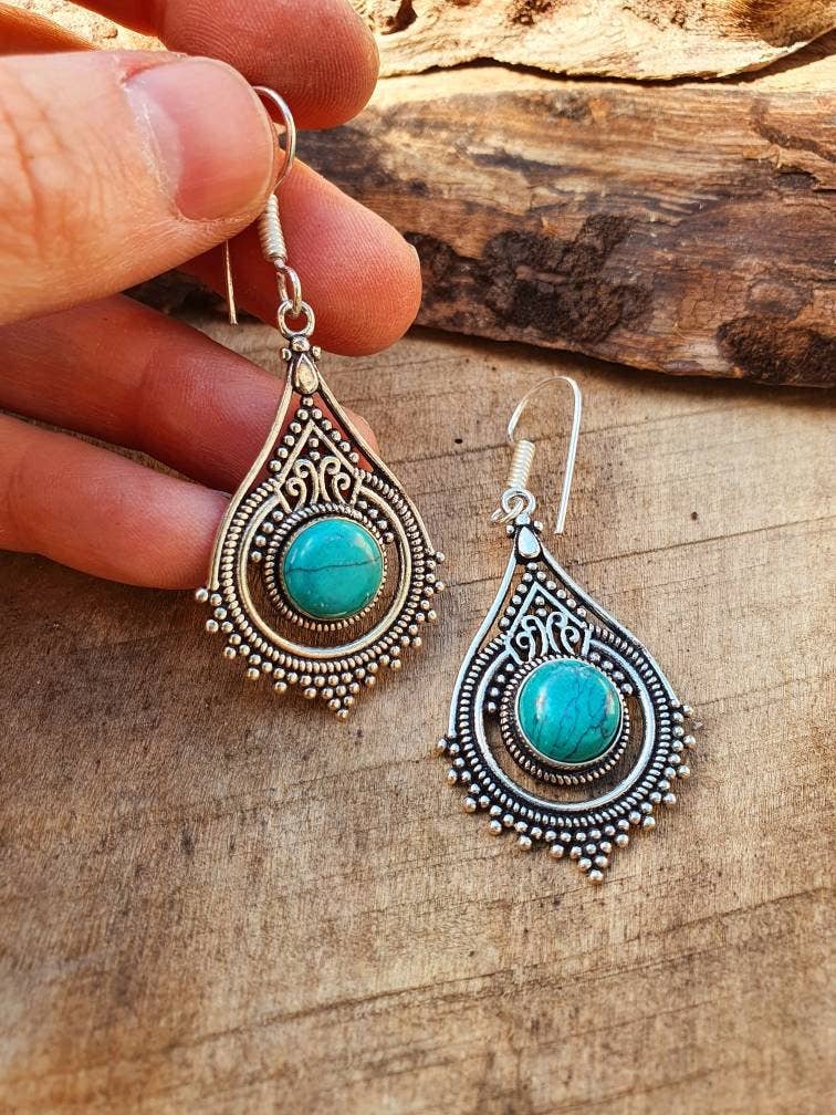Kaali Boutique – wholesale Dangle earrings – Turquoise Silver Drop Dangle earrings / Birth Stone / Ethnic / rustic, yoga, hippie, gypsy, pretty, psy, boho, bohemian, festival3