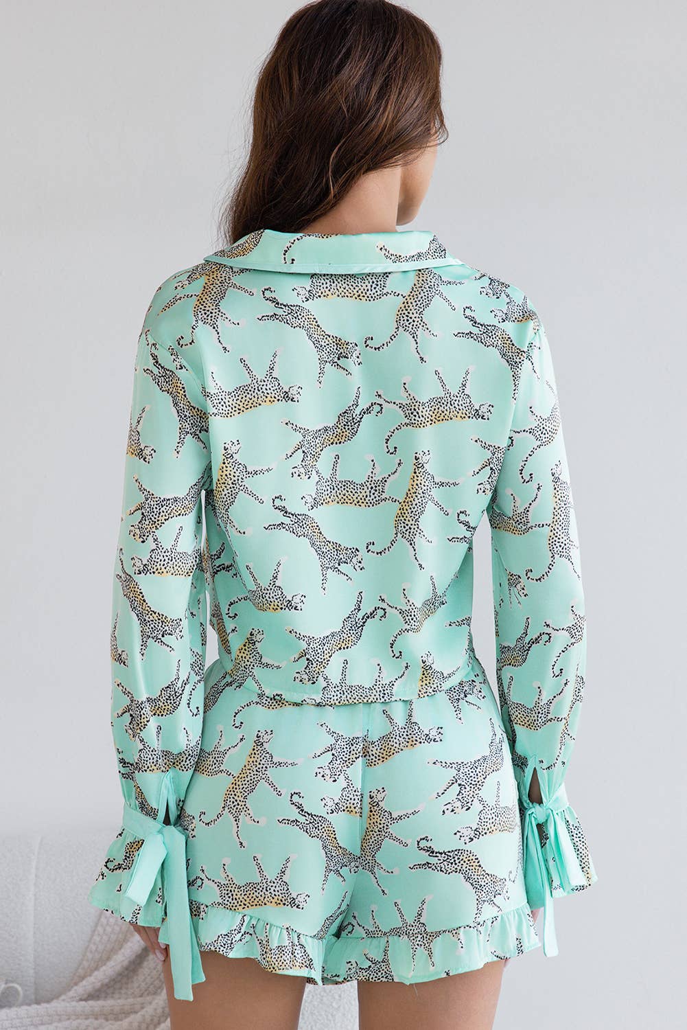 Green Leopard Printed Satin Long Sleeve Top and Shorts Pajama Set for wholesale on Faire1