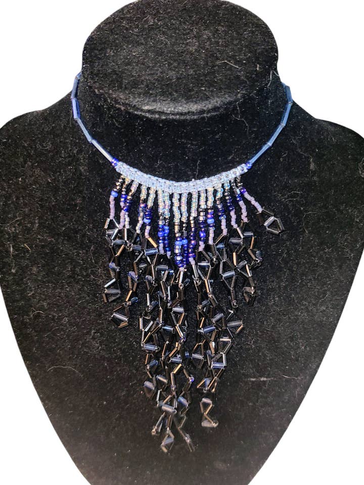 Blue and Black Triangle Waterfall Necklace for wholesale by Tsuga Beadwork