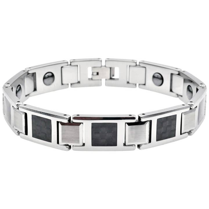 Blackjack Mens Jewelry - Wholesale Link & Chain Bracelet - Men's Two-Toned Black and White Carbon Fiber Tungsten Bracelet