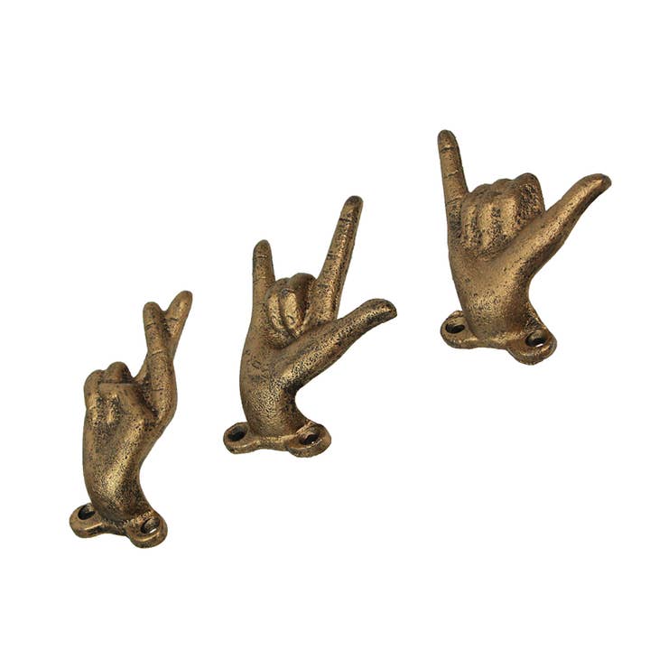 Zeckos – wholesale Wall hook – Set of 3 Antique Gold Cast Iron Hand Gesture Wall Hooks