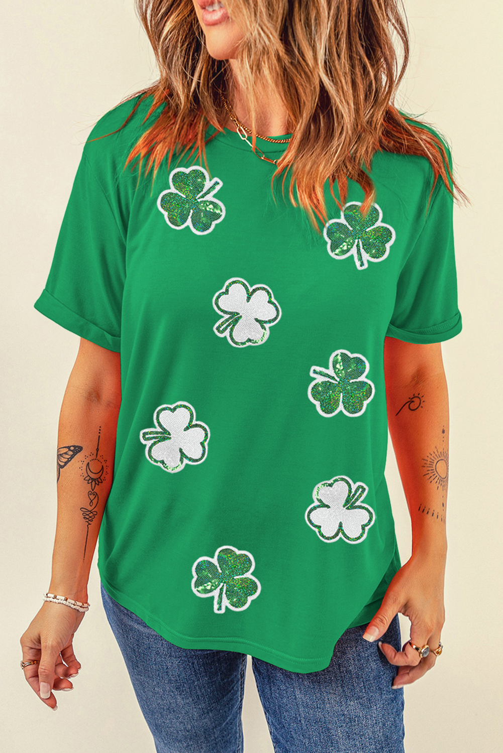 Bright Green St Patricks Sequined Clover Pattern T Shirt for wholesale on Faire4