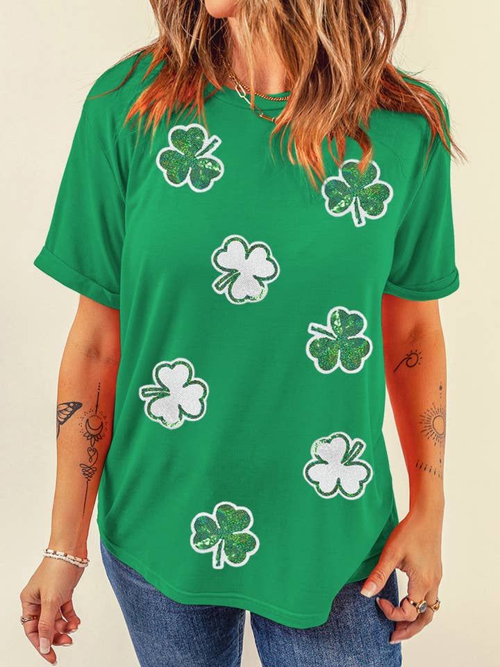 Bright Green St Patricks Sequined Clover Pattern T Shirt for wholesale on Faire4