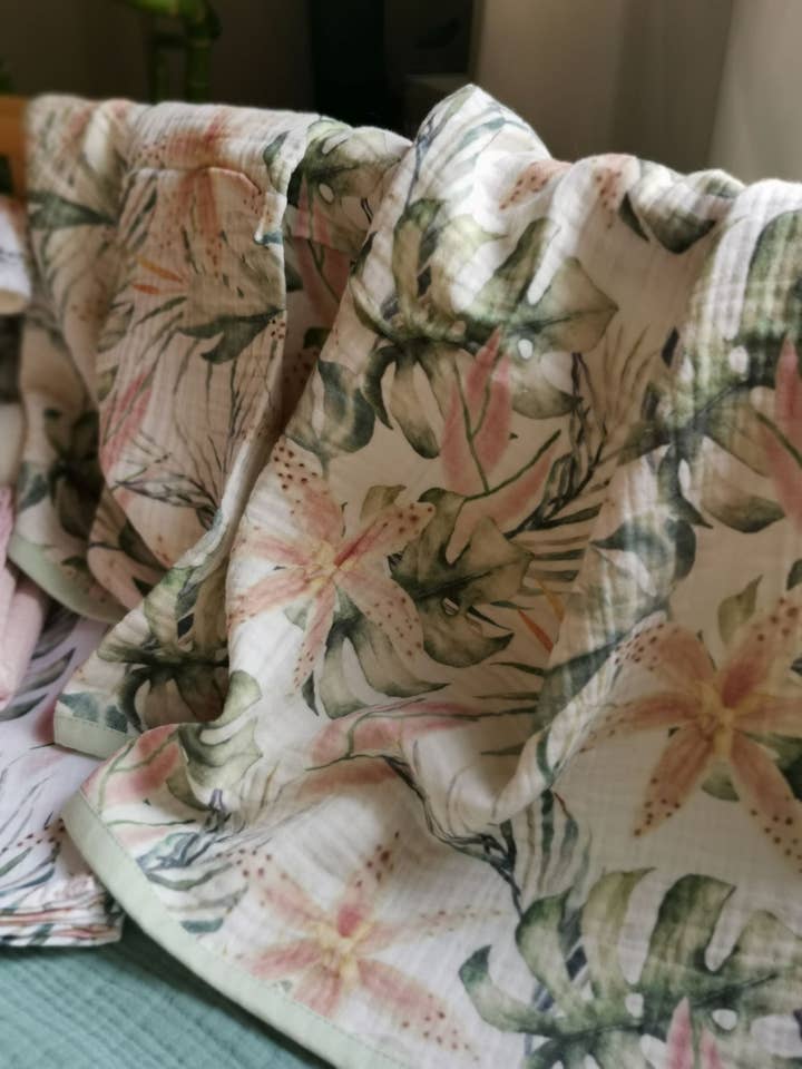 Pink Lilies Organic Muslin Blanket - 4 Layers for wholesale by Baby Laurel Organics