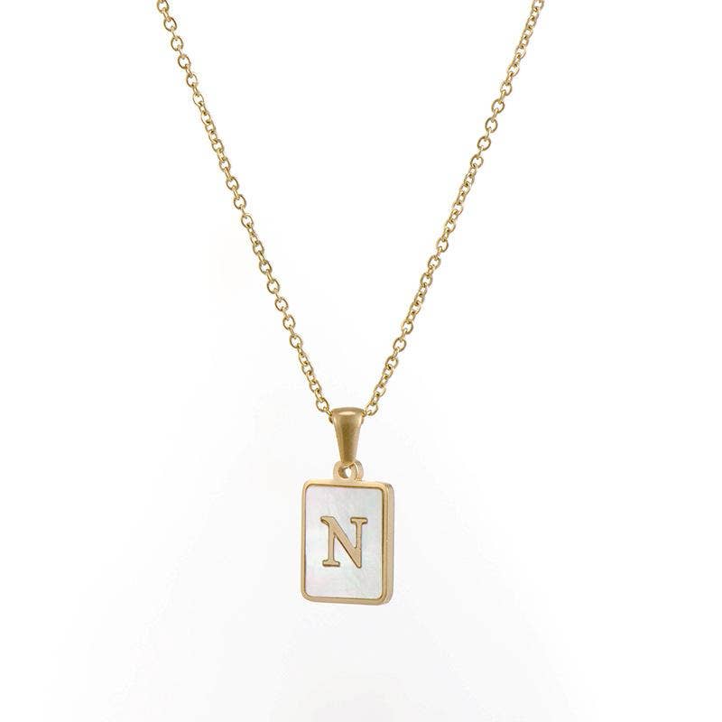 Mio Queena - Wholesale Pendant/Charm Necklace - Square Initial 18K Gold-plated Stainless Steel Necklace -FGS15