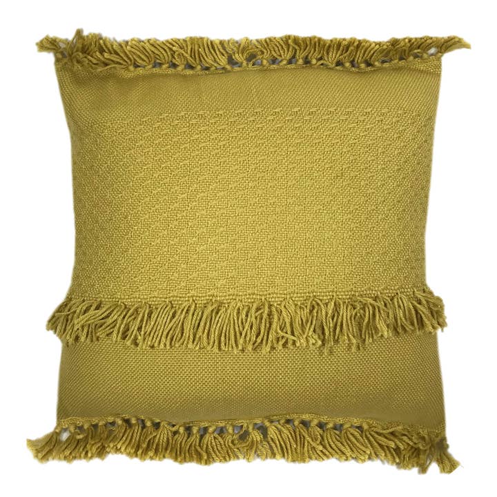 Mustard fringe cushion for wholesale by Malagoon