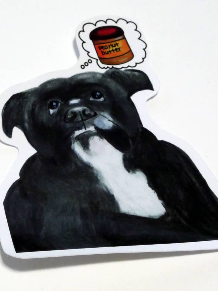 STICKER - English Bulldog Dreaming of Peanut Butter for wholesale by Art by Sim Garber LLC