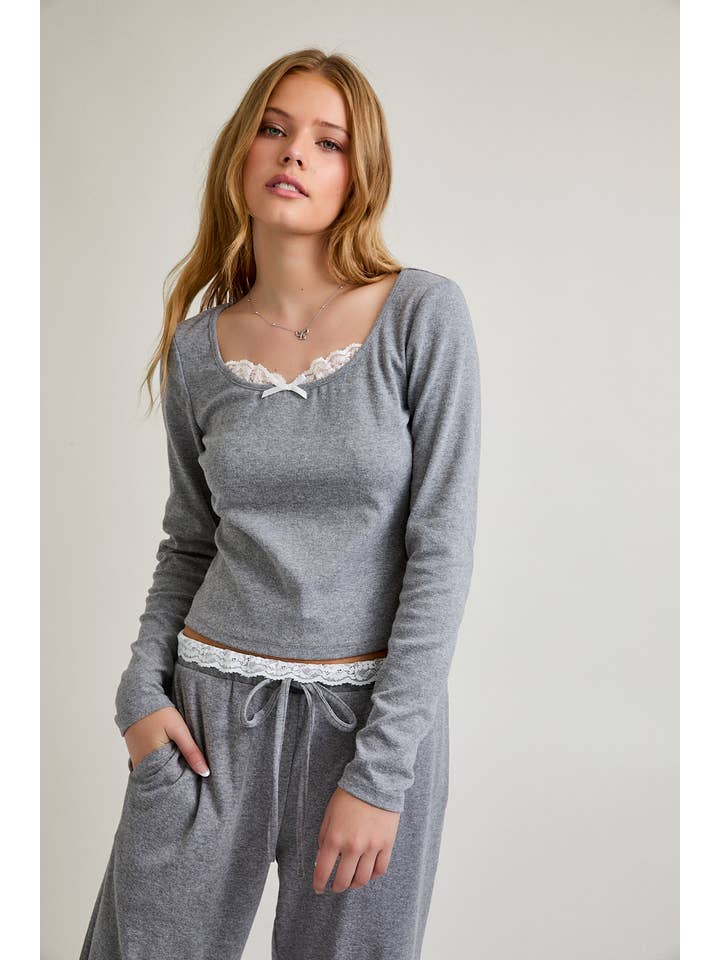 H GREY LONG SLEEVE TOP WITH LACE TRIM WITH LACE TRIM PANTS for wholesale on Faire5