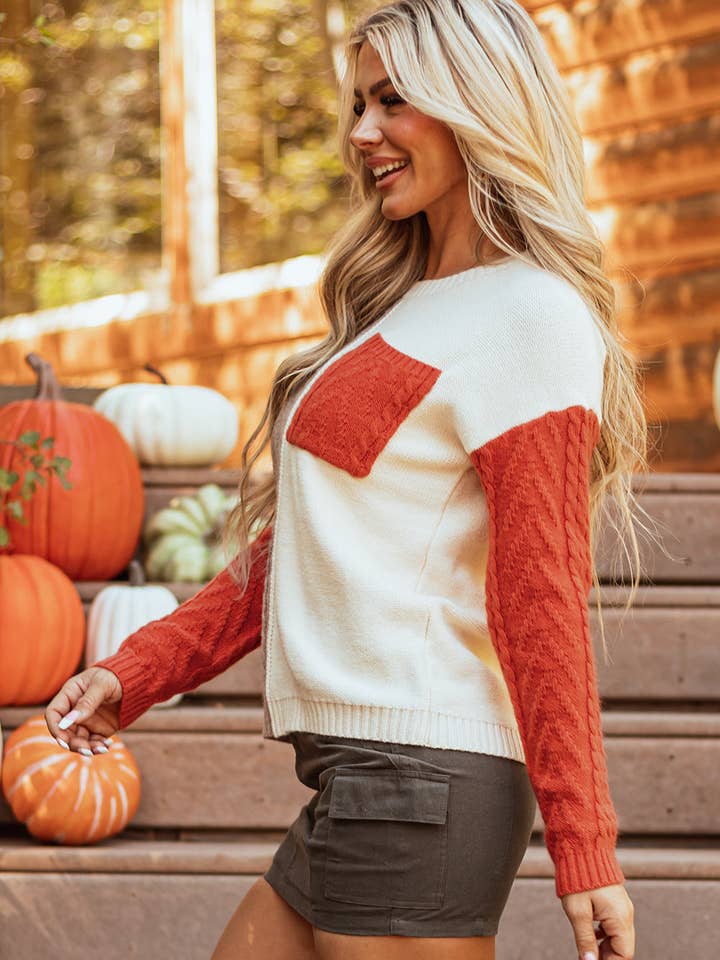 Suhkasana - Wholesale Knit Sweater - Women's - Colorblock Cable Knit Sweater with Pocket & Drop Shoulder14