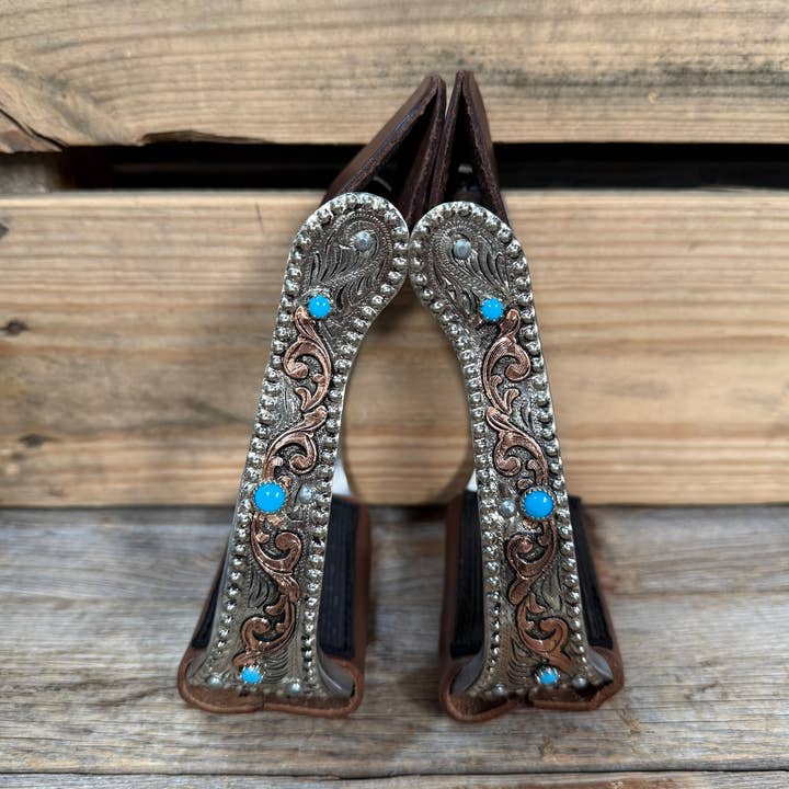 Handgraverade koppar- och turkosvinklade westernstigbyglar för barrel racing BRS101 för wholesale av Rodeo Drive