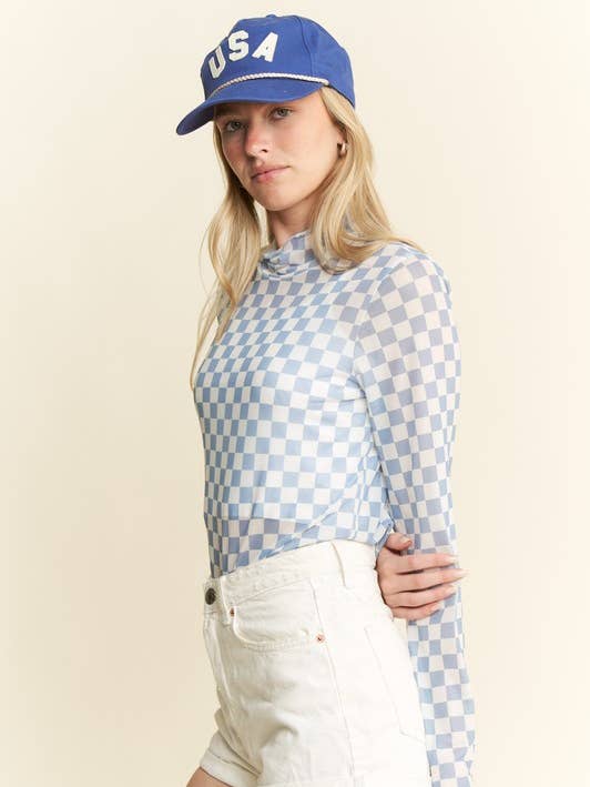 PLUS SIZE CHECKERED MESH MOCK NECK TOP for wholesale by JADE BY JANE