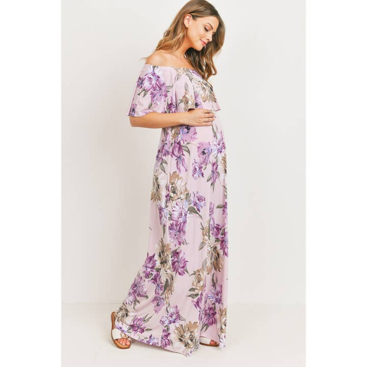 Hello Miz - Wholesale Dress - Maternity - Ruffle Off Shoulder Maternity Floral Maxi Dress