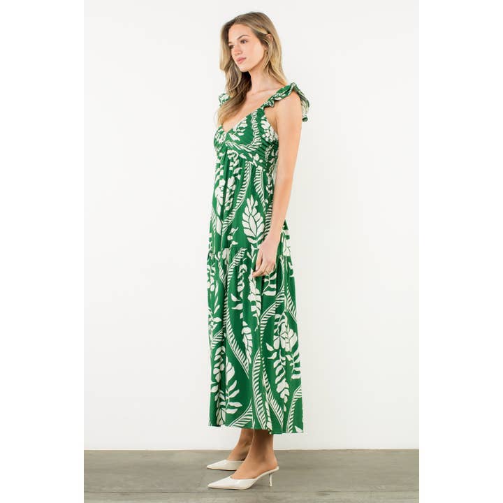 THML - Wholesale Dress - Women's - Flutter Sleeve Leaf Print Maxi Dress8