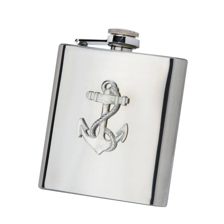 Stainless Steel Pocket Flask with Pewter Anchor Badge for wholesale by Nauticalia